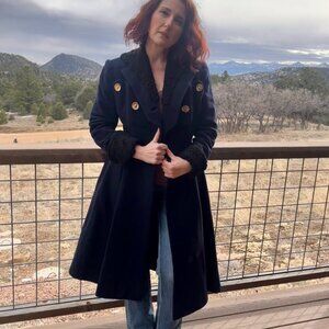 Vintage Tailored Navy Wool Long Coat with Curly Lamb Fur Trim & Gold Buttons